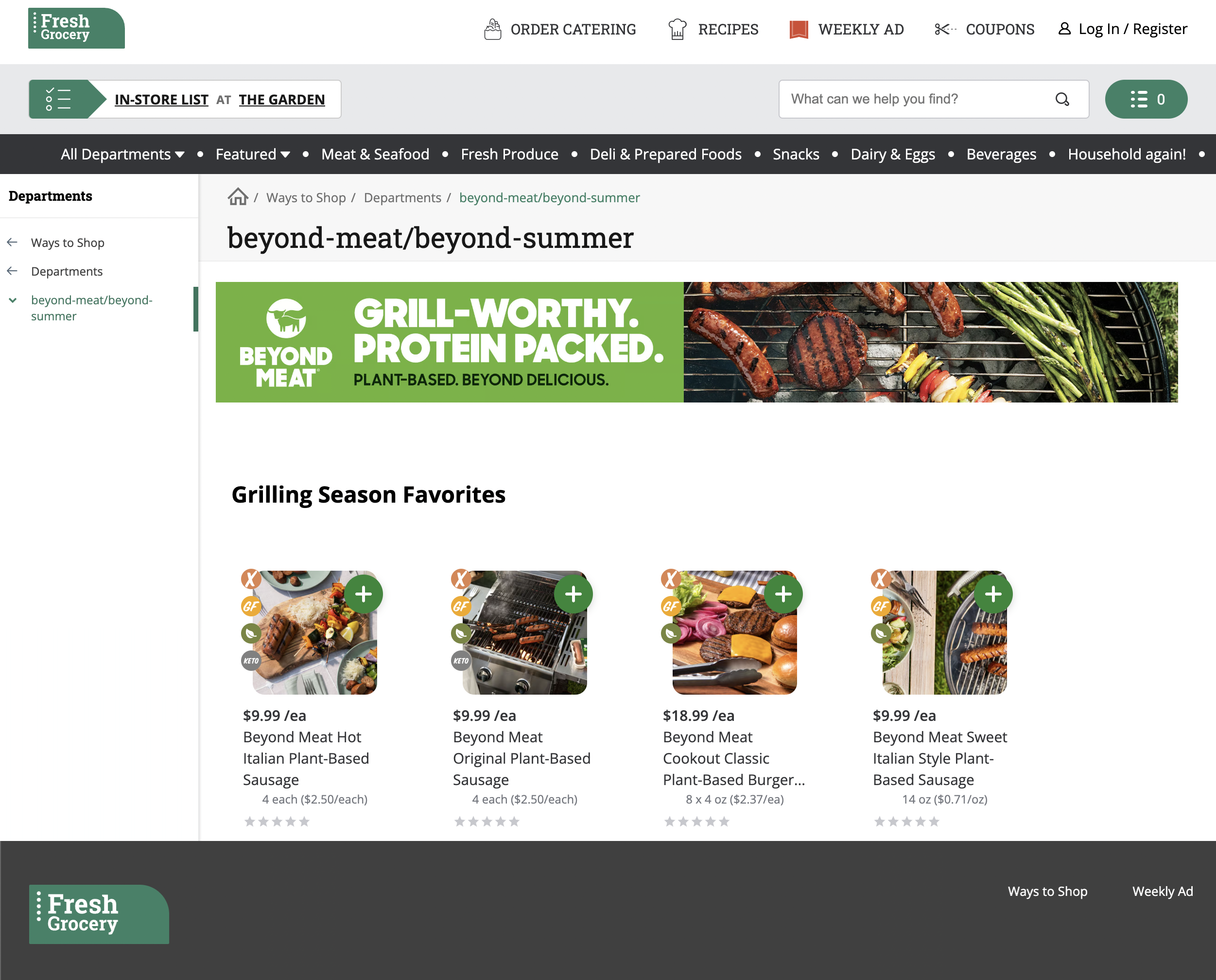 Shows a brand page for Beyond Meats. There is a banner at the top and item tiles for the brand&#39;s products.