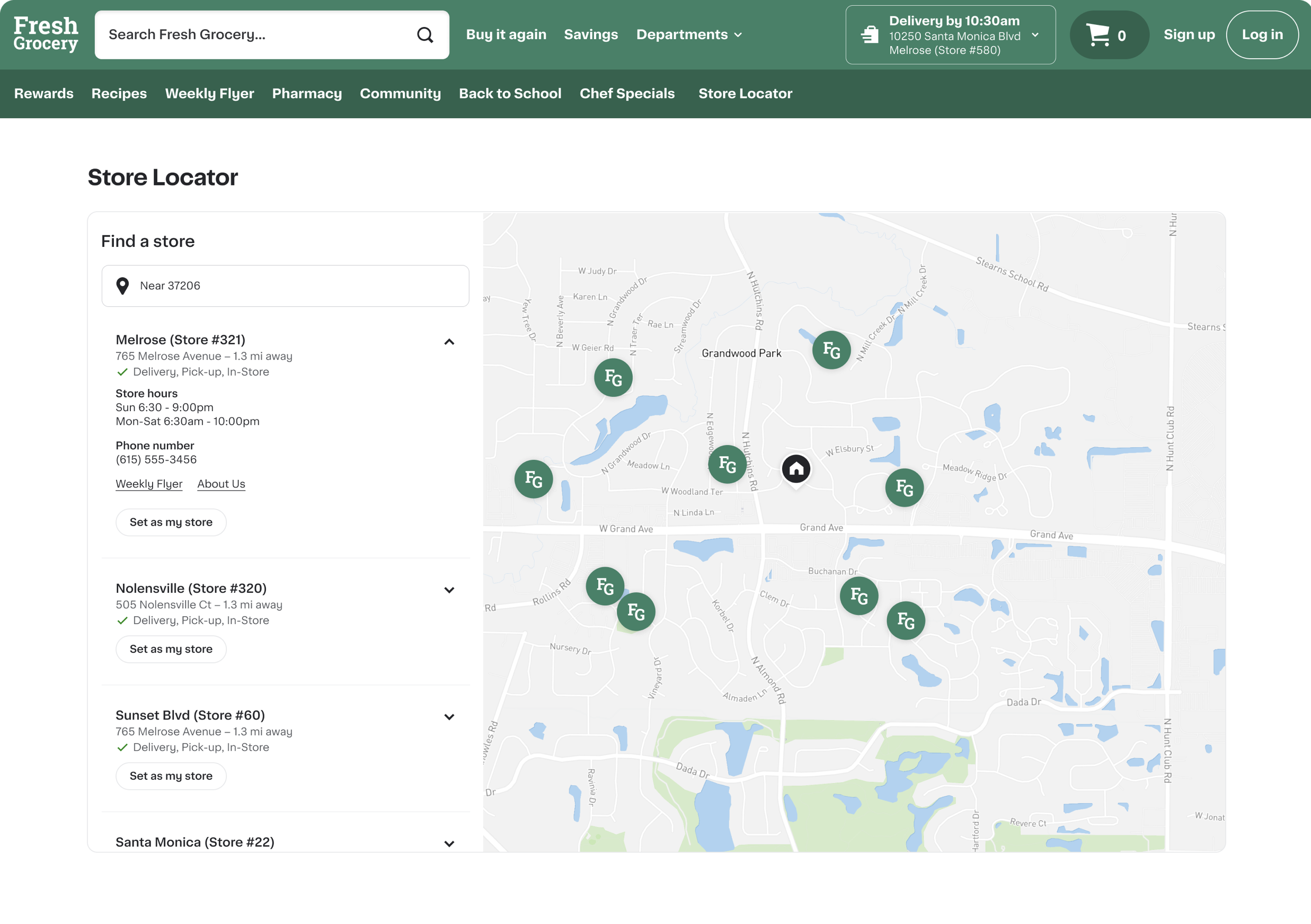 Shows a store locator page for Fresh Grocery with a searchable map of nearby locations, addresses, hours, and contact details for selected stores.