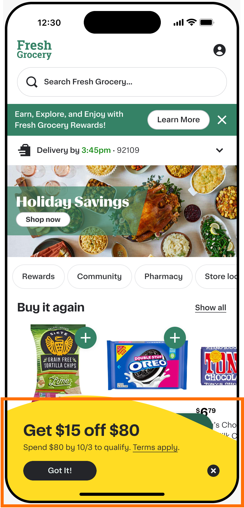 Shows the bottom of a mobile storefront with a yellow banner. The banner reads "Get $15 off $80. Spend $80 by 10/3 to qualify. Terms apply." with a "Got It!" button.