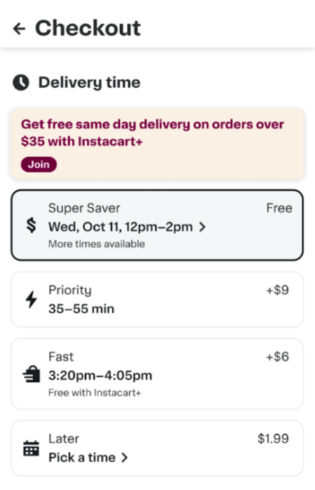 Shows the checkout screen with the Super Saver delivery option.