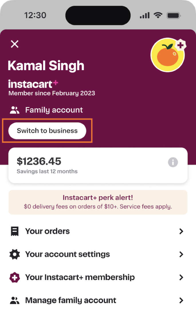 Shows a user account page with Switch to business highlighted, savings of $1236.45 over the last 12 months, and menu options for orders, settings, membership, and family account management.