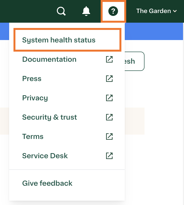 Shows a help menu where the System health status option is highlighted.
