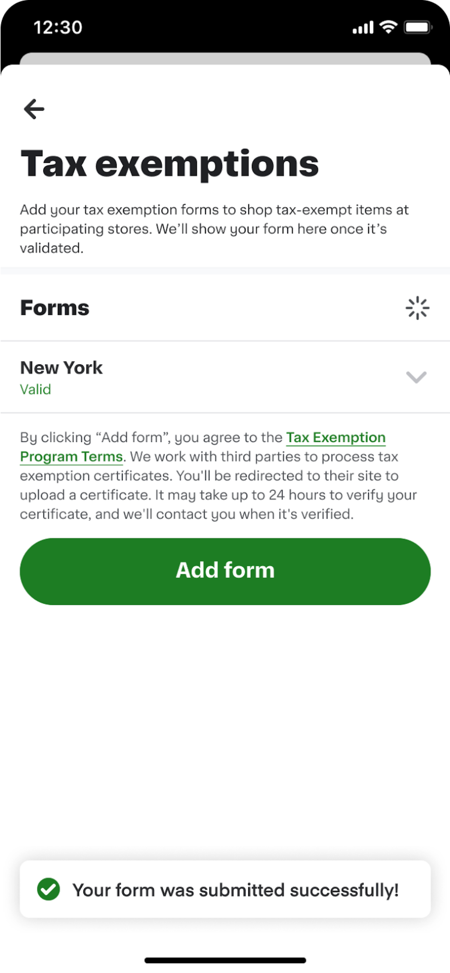 Shows a Tax exemptions page with a validated New York form listed, a description of how to add forms, an Add form button, and a success message confirming form submission.