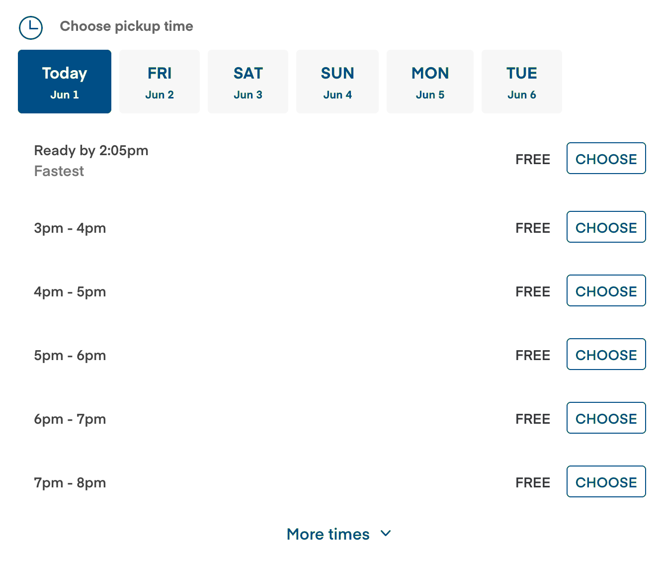 Shows the part of the checkout page with the time slot options.