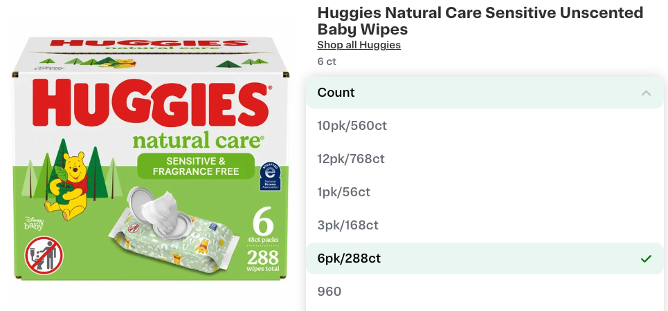 Example of variant specifications used for diapers