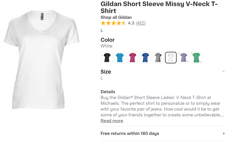 Example of a product with multiple variants, color, image, and size