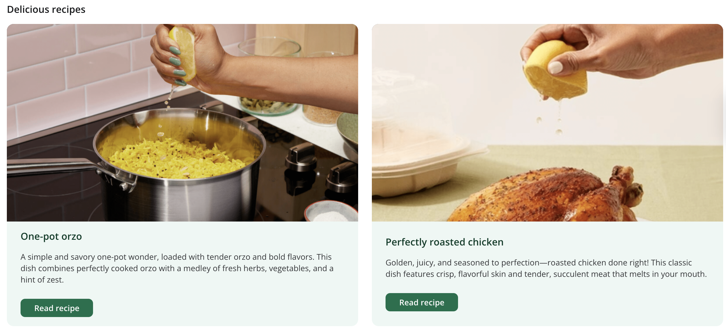 Shows two recipe cards side by side. The left highlights one-pot orzo being garnished with fresh lemon juice. The right features roasted chicken with lemon juice drizzle. Each card features an image, text, and button.
